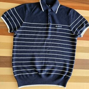 Ben Sherman Knit Navy and White Striped Polo Shirt, Retro Style. Size M
